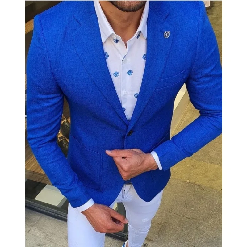 אופנה כחול רויאל ג ' קט מכנסיים לבנים עיצוב חליפות גברים לחתונה השושבינים תלבושת Slim Fit החליפה את המכנסיים תחפושת Homme 2Pcs