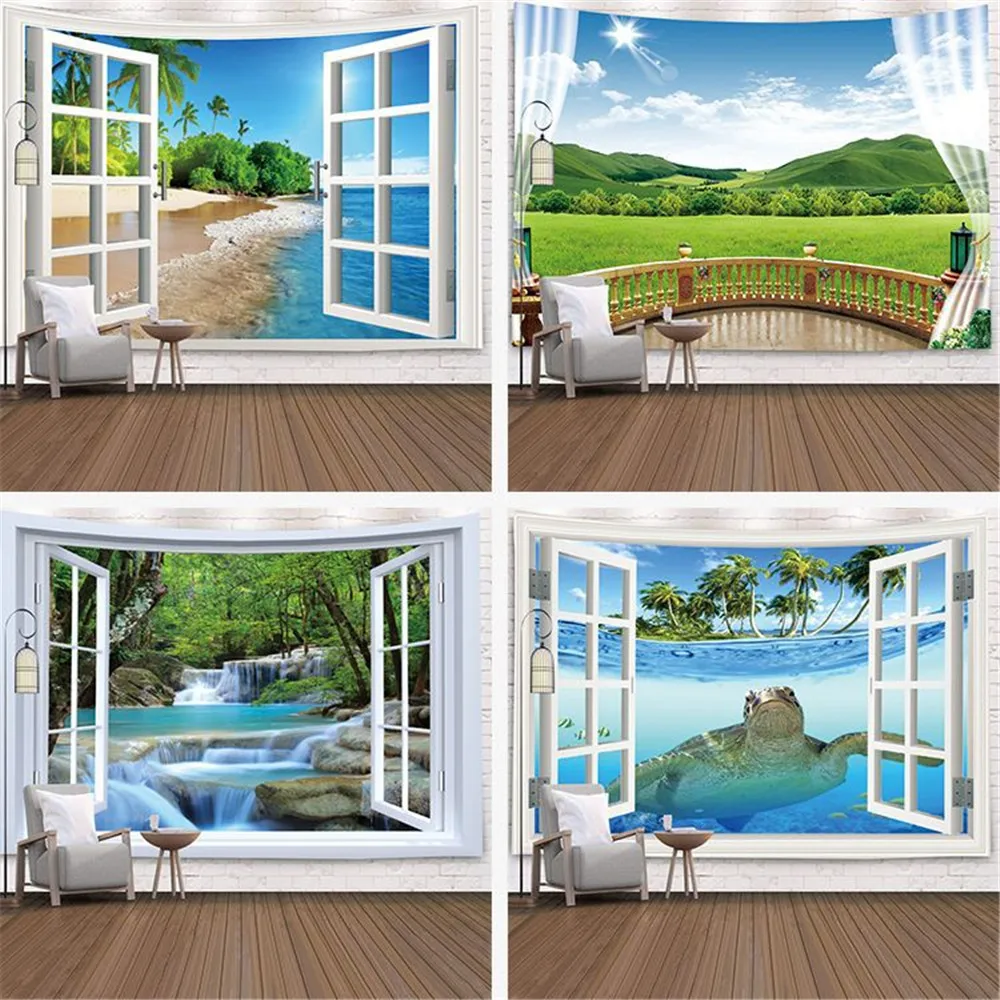 Windows החוף עץ מפל גדול שטיח ירוק נוף יער תלייה על קיר עיצוב שטיח על במעונות עיצוב אסתטי