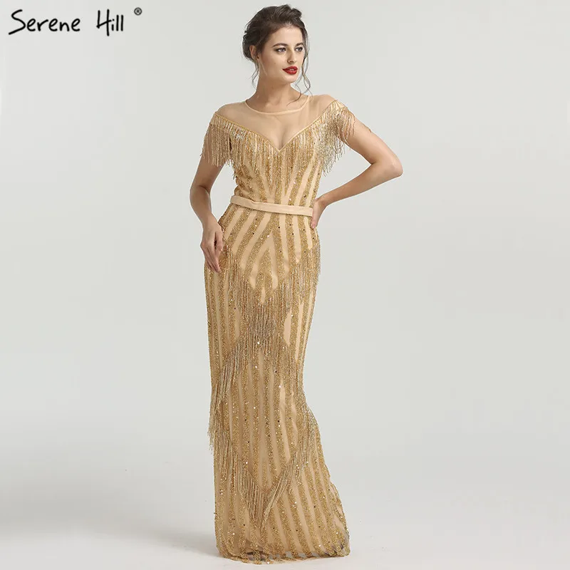 הזהב החדש יוקרה שרוולים בתולת ים שמלות ערב 2023 חרוזים ציצית אופנה אלגנטית מנצנץ שמלות ערב LA6543