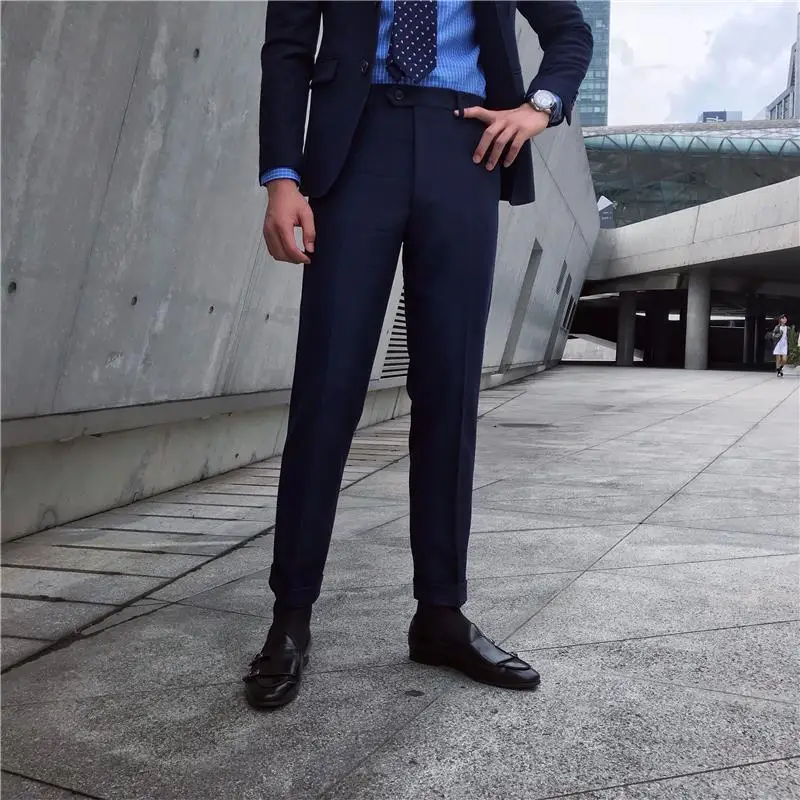 2023 עיצוב חדש גברים גבוהה המותניים מכנסיים מוצק אנגליה עסקי מזדמן חליפת מכנסיים חגורה ישר Slim Fit תחתיות בגדים W51