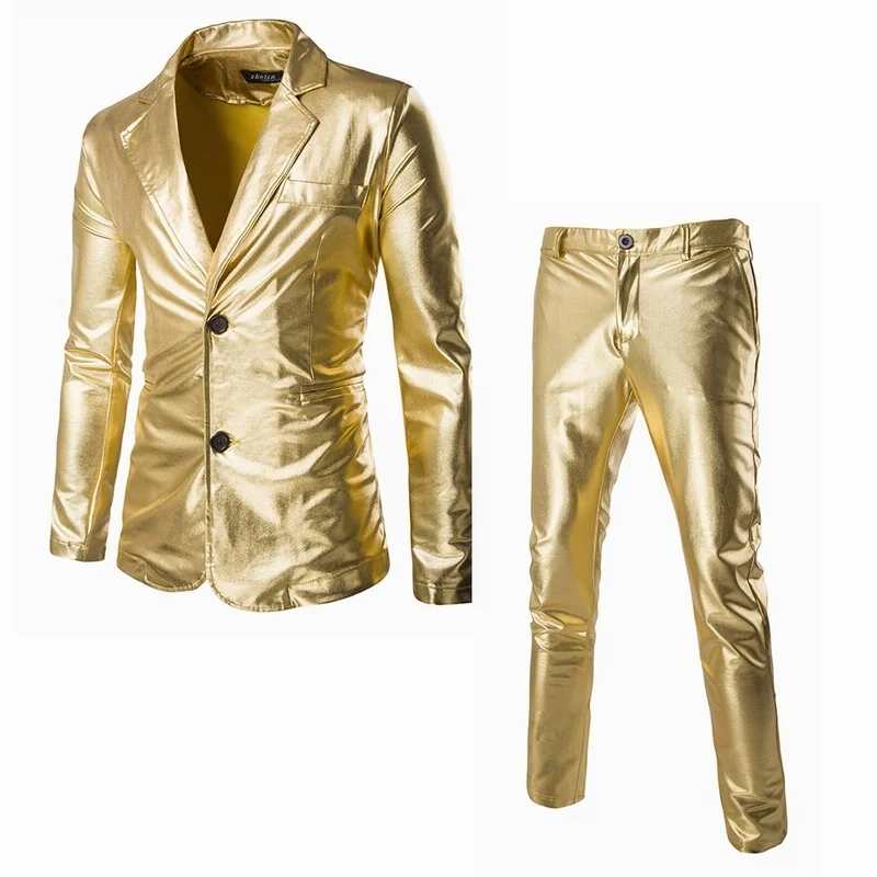 חליפה של גבר Slim Fit 2 לחצן 2 חתיכת קבוצה מוצק מבריק מסיבת זהב כסף שחור חליפה לגברים חתונה נשף בלייזר ' קט & המכנסיים
