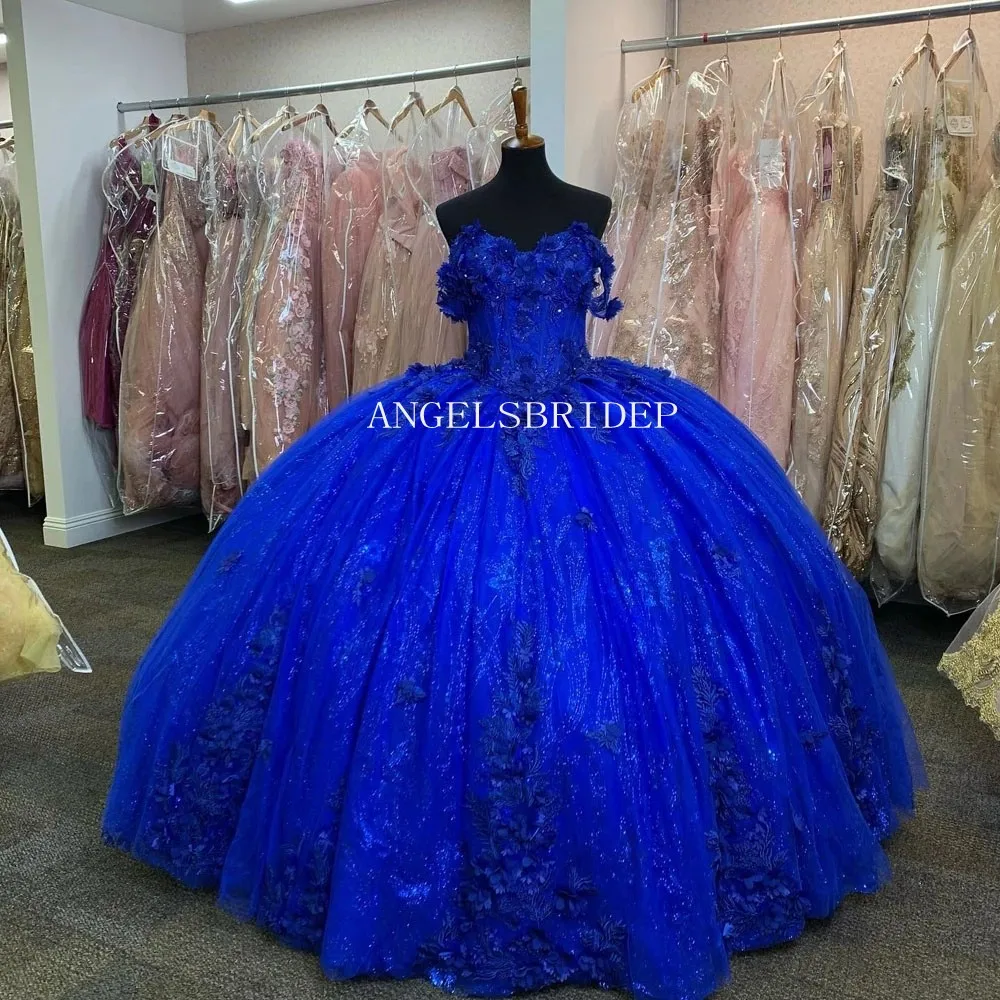 Angelsbridep שמלת נשף מלכותי כחול 3D פרחים תחרה בת 15 הטקס שמלות סלבריטאים מסיבת יום הולדת Vestido De 15 Anos