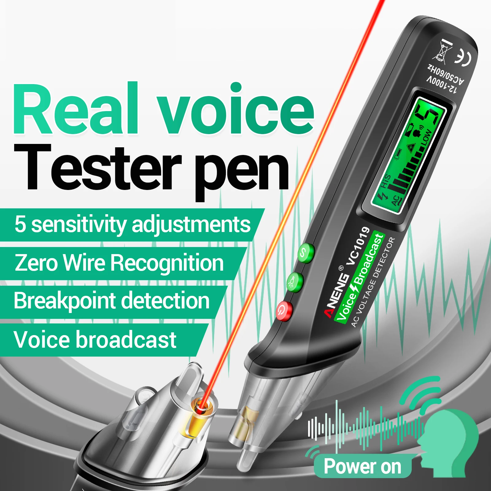 ANENG VC1019 LCD דיגיטלי מבחן עט ללא מגע, קול שידור הבוחן עט רגישות מתכוונן עם מחוון לייזר