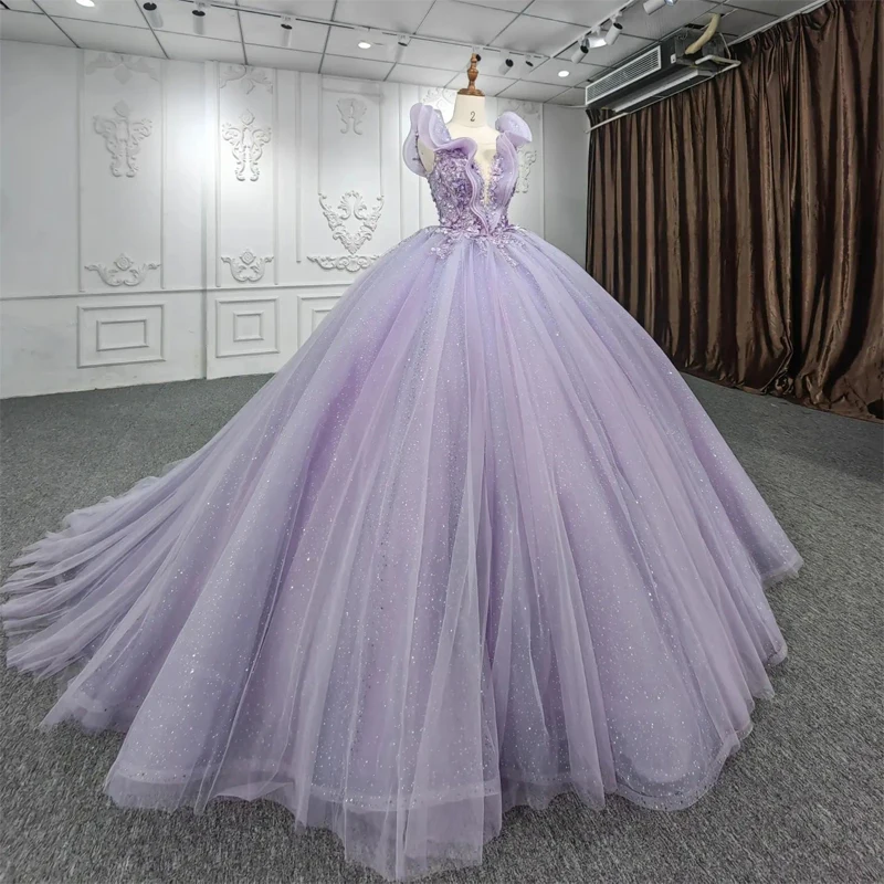 נוצץ טול לבנדר את הכתף הטקס שמלות חרוזים 3D פרחים, נסיכה, שמלת נשף Vestido De 15 Anos ה-16 ד 