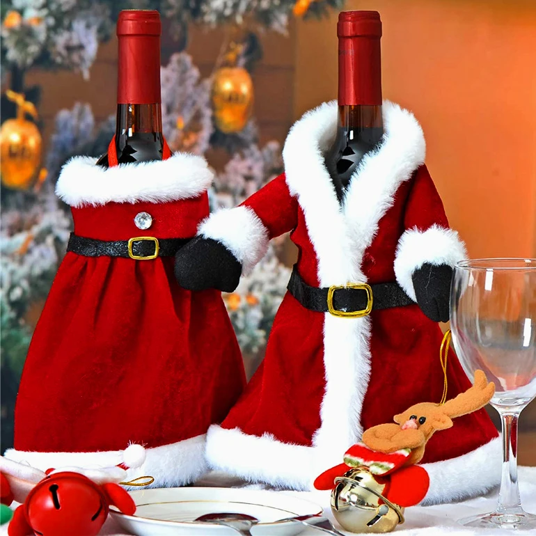 יצירתי חג המולד בקבוק יין להגדיר זהב קטיפה שמלת בקבוק יין כיסוי לבקבוק יין תיק שרוול חג המולד שנה החדשה ארוחת ערב, עיצוב שולחן