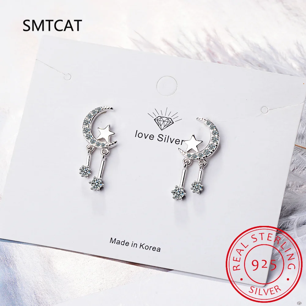 נשים אמיתי 925 כסף סטרלינג הירח Satr עגילים מסנוור CZ מתנת יום הולדת לבת ילדה תכשיטים יפים DS3480