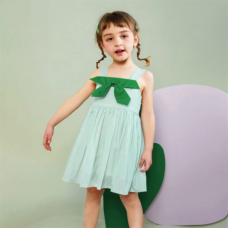 בייבי בנות שמלות 100% רמה כותנה ירוק Bowknot קטן משובצת ללא שרוולים 2022 קיץ חמוד Kawaii 18M 5Y ילדים בגדים 120 ס 