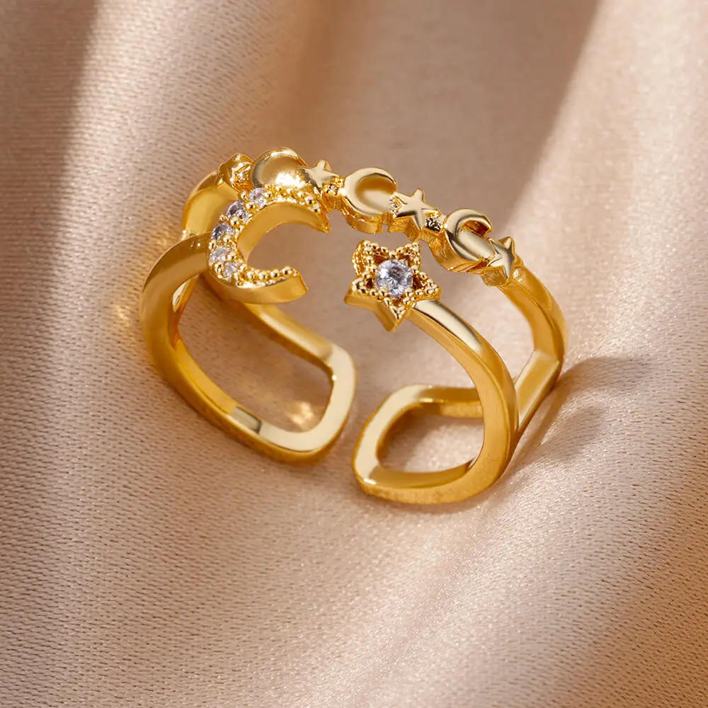 הירח כוכב זירקון טבעות לנשים כפול שכבות מתכוונן טבעת נירוסטה משלוח חינם זוג חתונה תכשיטי מתנה anillos