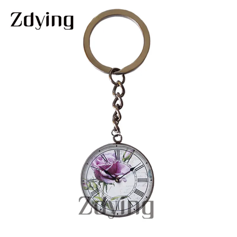 Zdying פרחים סגולים סביב השעון, מקש צילום שרשרת טבעות זכוכית קבושון כיפת Keyrings קסם תליון תיק תכשיטים מתנה GZ-24