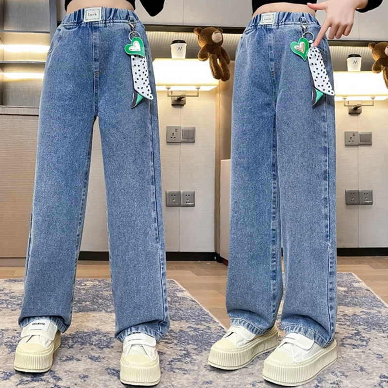 בנות רחב ג 'ינס אופנה צעירה שיפוע צבע שחבור גבוהה המותניים מכנסיים העשרה אביב סתיו מכנסי ג' ינס 8 10 12 14 שנים