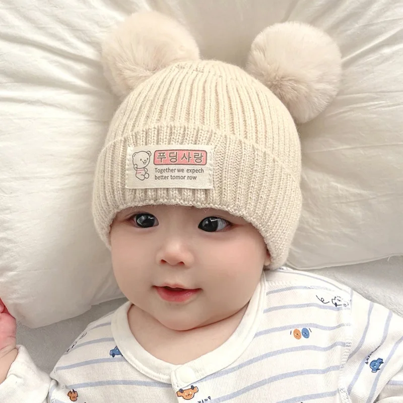 חמוד פונפון תינוק כובע חורף לתינוק חם סרוגים ביני כובע עבור בנים בנות מוצק צבע קריקטורה לעבות פעוטות ילדים כובעים בונט