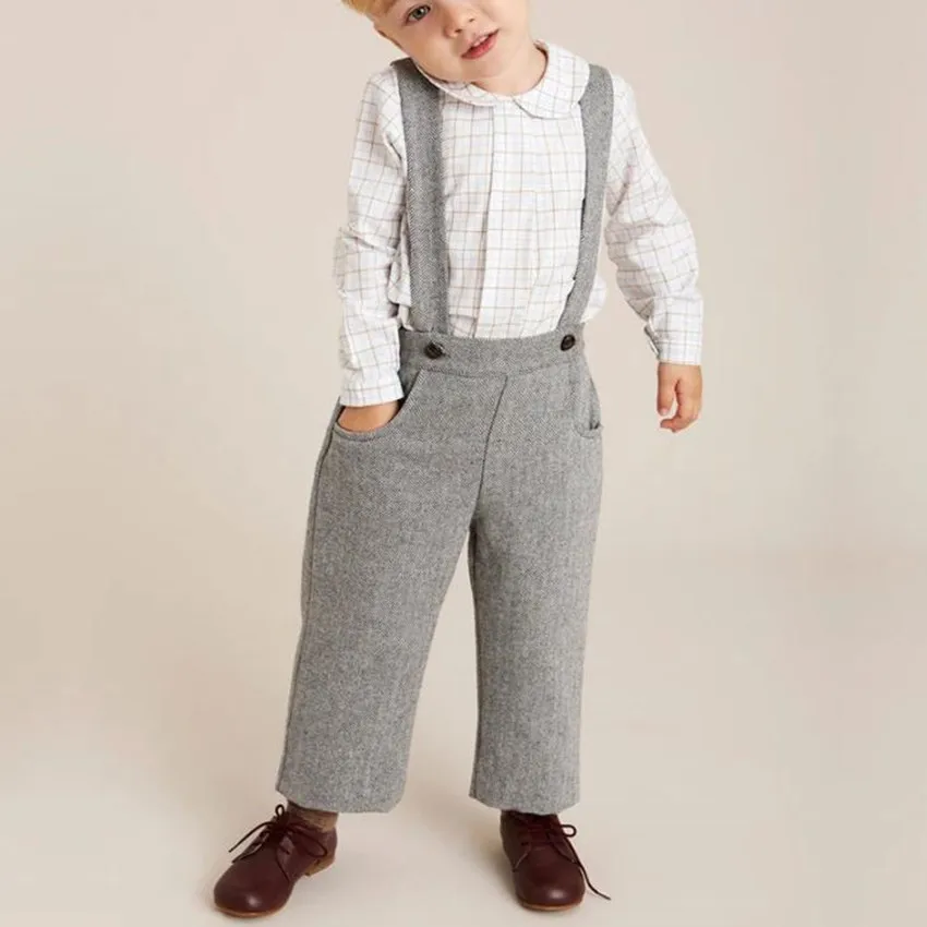 תינוק סתיו אנגליה בסגנון מסיבת יום הולדת צמר סינר מכנסיים+חמוד כותנה חולצת שרוול ארוך לילדים סטים