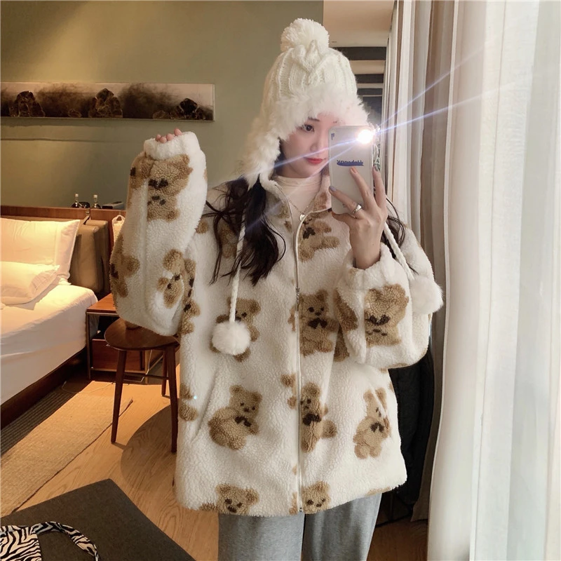 חמוד נשים הסווטשרט 2023 החורף חופשי קפוצ ' ונים Y2K החולצה אופנה אופנת רחוב עבה כבש צמר דוב מעיל רוכסן גדול להאריך ימים יותר