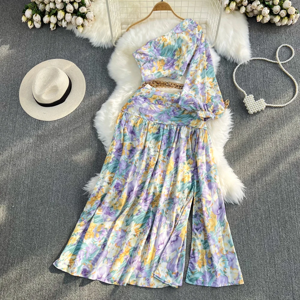הקיץ שמלת בוהו מגדיר עבור נשים כתף אחת להטות צווארון קצר מקסימום + עטוף פיצול Midi שמלה אלגנטית הבטן חג החוף החדש