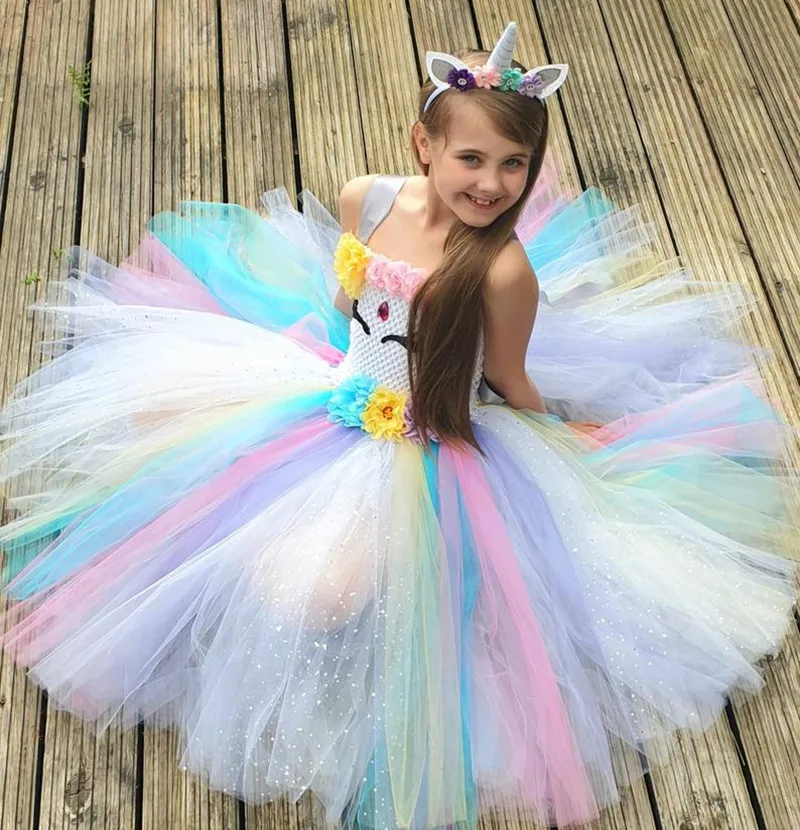 בנות פסטל קרן טוטו השמלה ילדים טול סריגה שמלת נשף עם פרח Hairbow ילדים Cosplay מסיבת תחפושות שמלה