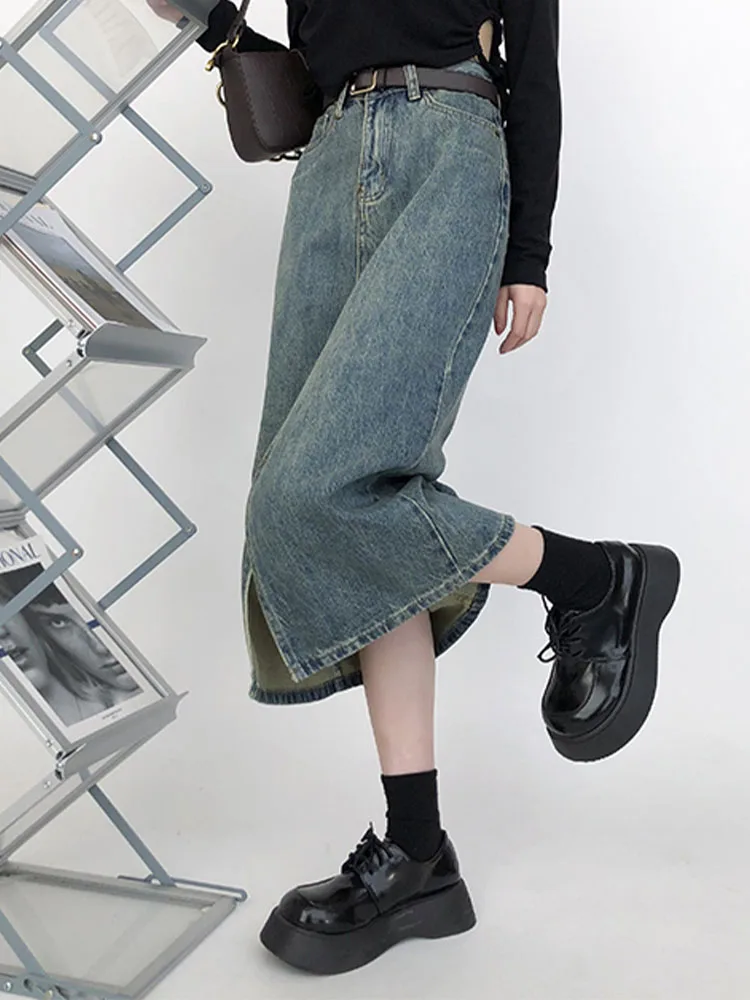 סגנון קוריאני חדש גבוהה המותניים ישר ג 'ינס חצאית נשים וינטאג פיצול המזלג כחול ארוך Bodycon עיפרון חצאית ג' ין מזדמן אופנה חדש