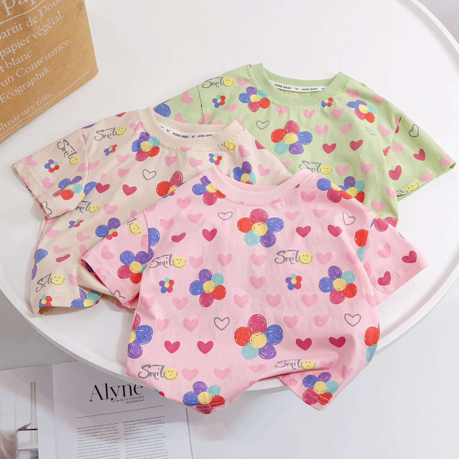 IENENS הקיץ O-צוואר חולצת תינוק שרוול קצר טיז פרחים מתוק מקסימום ילדים ילדה בגדי כותנה מזדמן חולצת עבור 0-6 שנים