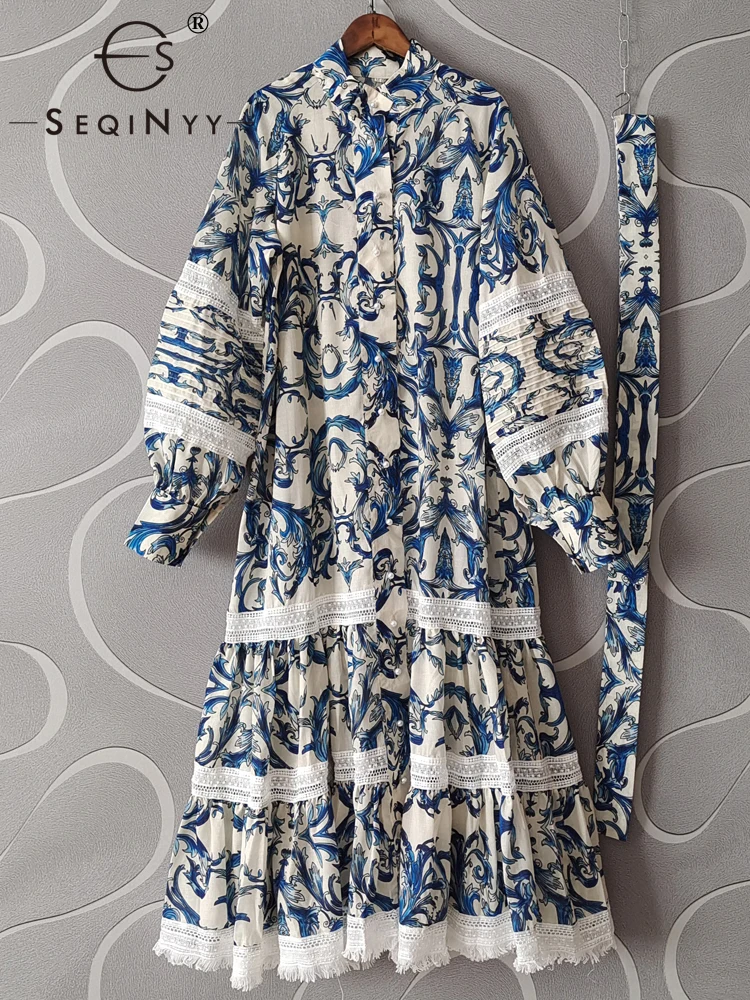 SEQINYY בוהמיה Midi שמלה באביב חדש עיצוב אופנה נשים המסלול רחוב בציר כחול, הדפס פרחים לבן תחרה החגורה מזדמן