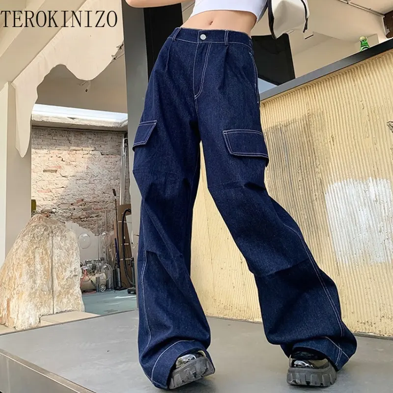 TEROKINIZO גבוהה המותניים רחב הרגל המכנסיים נשים מוצק צבע כיסים בציר הג ' ינס רופף מזדמן אופנה כל-התאמה מכנסיים