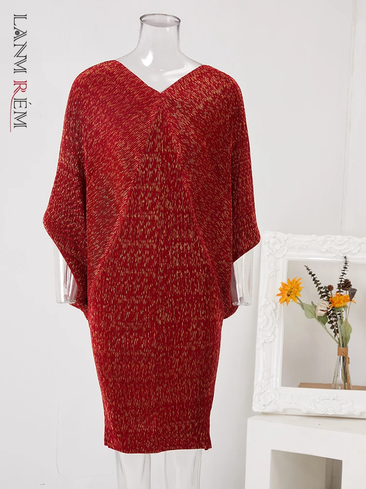 LANMREM אופנה מודפס קפלים שמלה של נשים V-צוואר ארוך העטלף שרוולים רזה שמלות באיכות גבוהה הנשי בגדים 2023 חדש YEa853