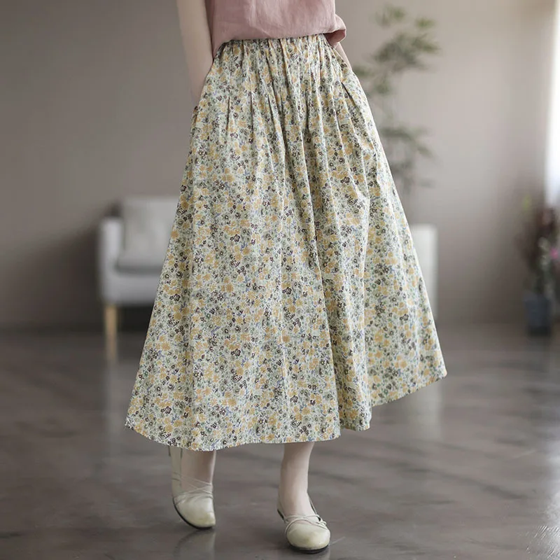 ניני הפלאות 2023 קיץ הדפסת פרח כותנה קליל חצאית נשים אלסטי המותניים פרחוני קו עם קפלים החצאית מורי בנות בסגנון