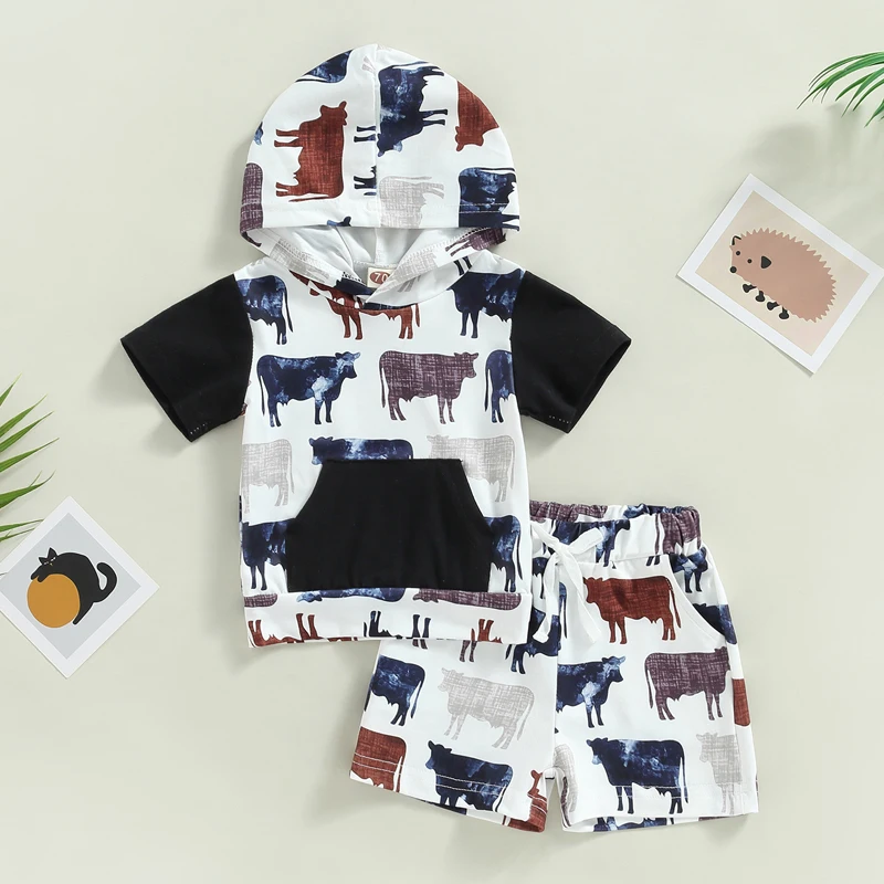 FOCUSNORM 0-3Y תינוק בייבי בנים בגדי קיץ סטים של תלבושות פרה הדפסה ניגודיות צבע המכוסה שרוול קצר כיס לכל היותר קצרים.