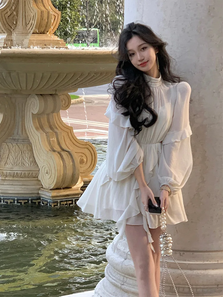 2023 קיץ החוף סגנון שיפון Y2k שמלת מיני ליידי משרד יומיומי שרוול ארוך אלגנטי חתיכה אחת שמלה קוריאנית בגדי אופנה