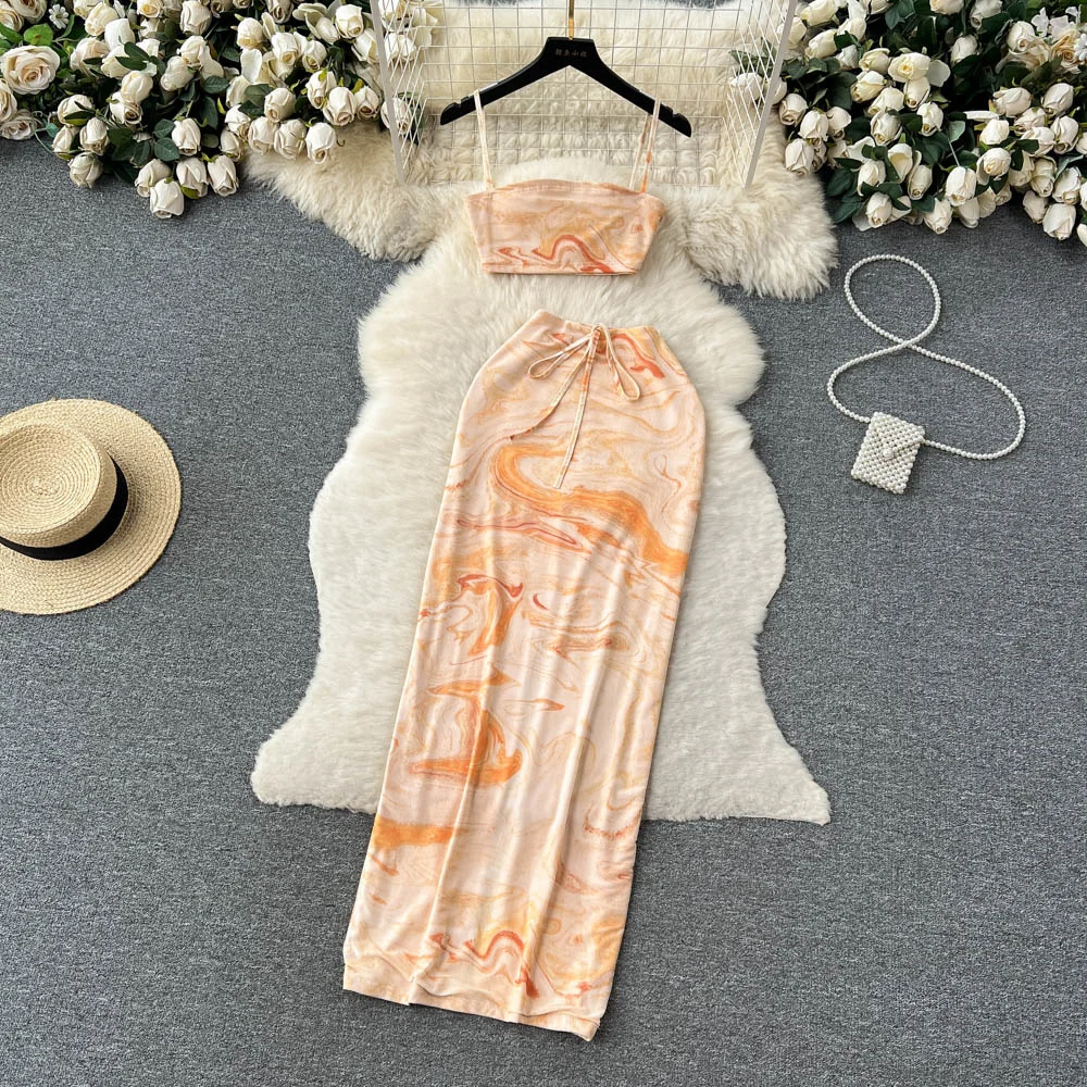 Foamlina אופנה הקיץ החוף סגנון נשים 2 חתיכת קבוצה מקרית הדפס חיתוך Camis עליון אלסטי המותניים זמן Bodycon חצאית חליפות