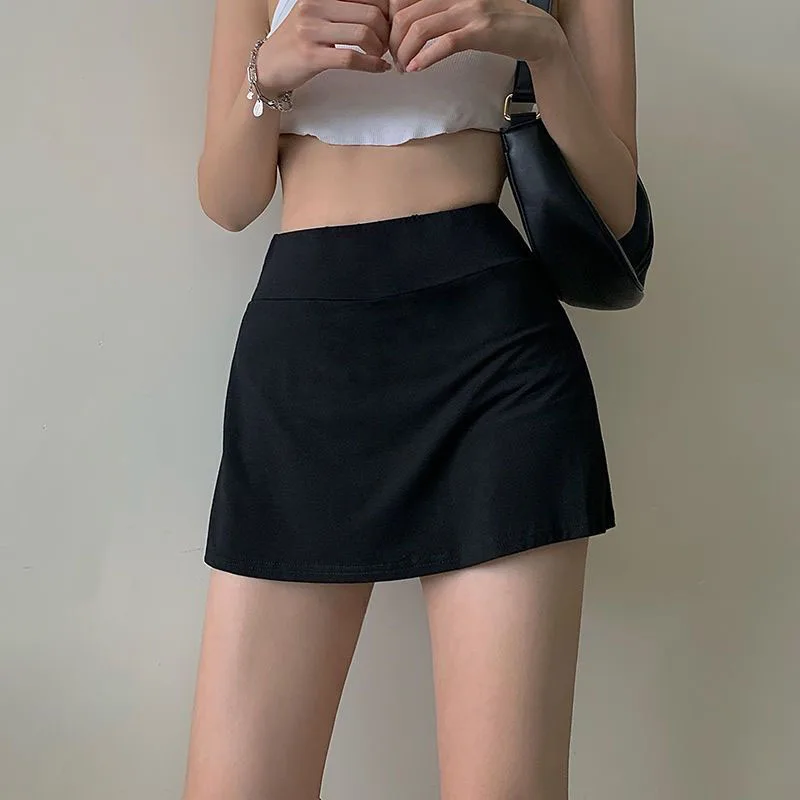 מזדמן-ספורט חצאית שחורה עם מכנסיים קצרים לנשים סקסיות פיצול Anti-Glare חצאיות מיני אישה קוריאנית אלסטי גבוה מותן תיק היפ חצאית