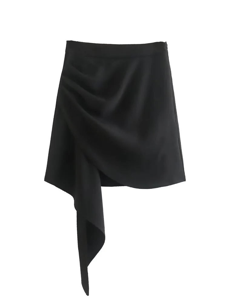 MESTTRAF נשים 2023 אופנה שחור עם קפלים לא סדיר חצאית מיני בציר גבוהה המותניים רוכסן בצד הנשי חצאיות אופנת רחוב