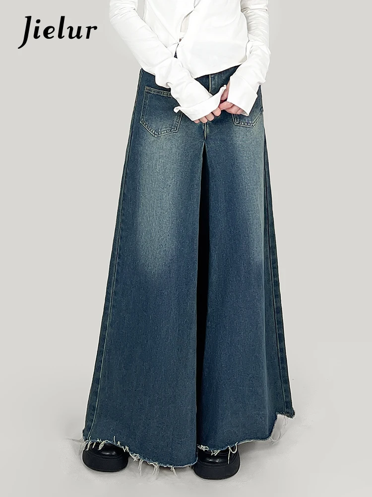 Jielur כחול חופשי וינטג 'של נשים ג' ינס גבוהה המותניים אופנה פשוטה נקבה רחב הרגל מכנסיים מזדמנים משרד גבירותיי בסיסי אופנת רחוב