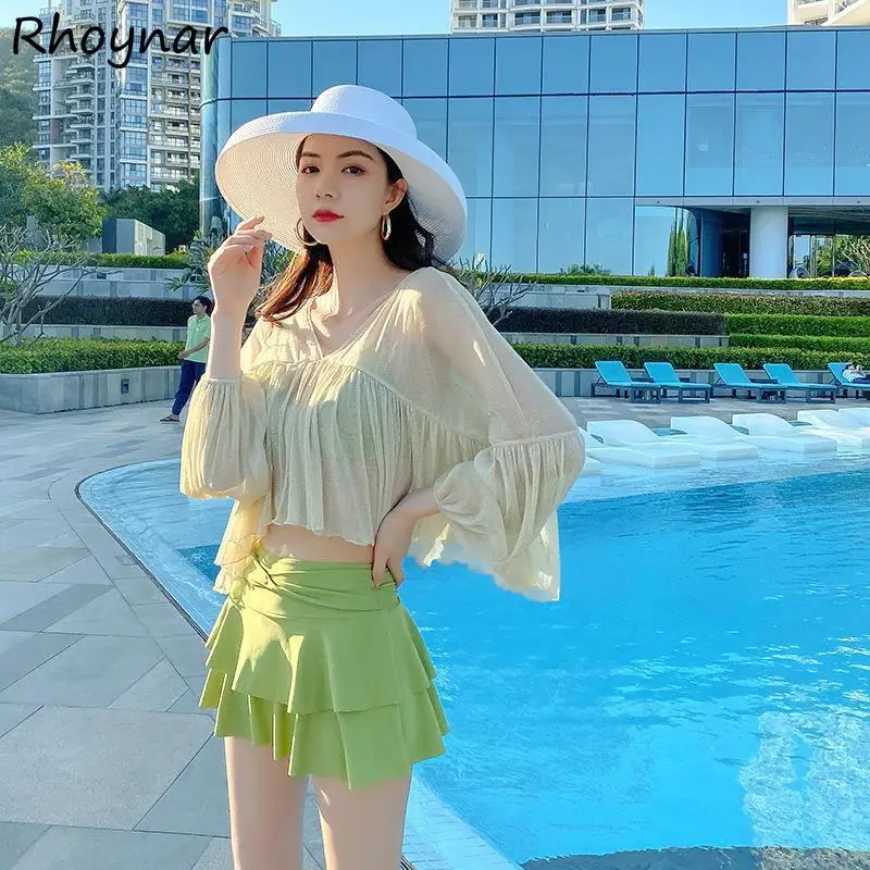 ביקיני סט נשים גבוהה המותניים בגד ים סקסי ליידי פיות קיץ סגנון קוריאני שלוש חתיכה Beachwear מכרז בציר Biquini מזדמן ההגירה