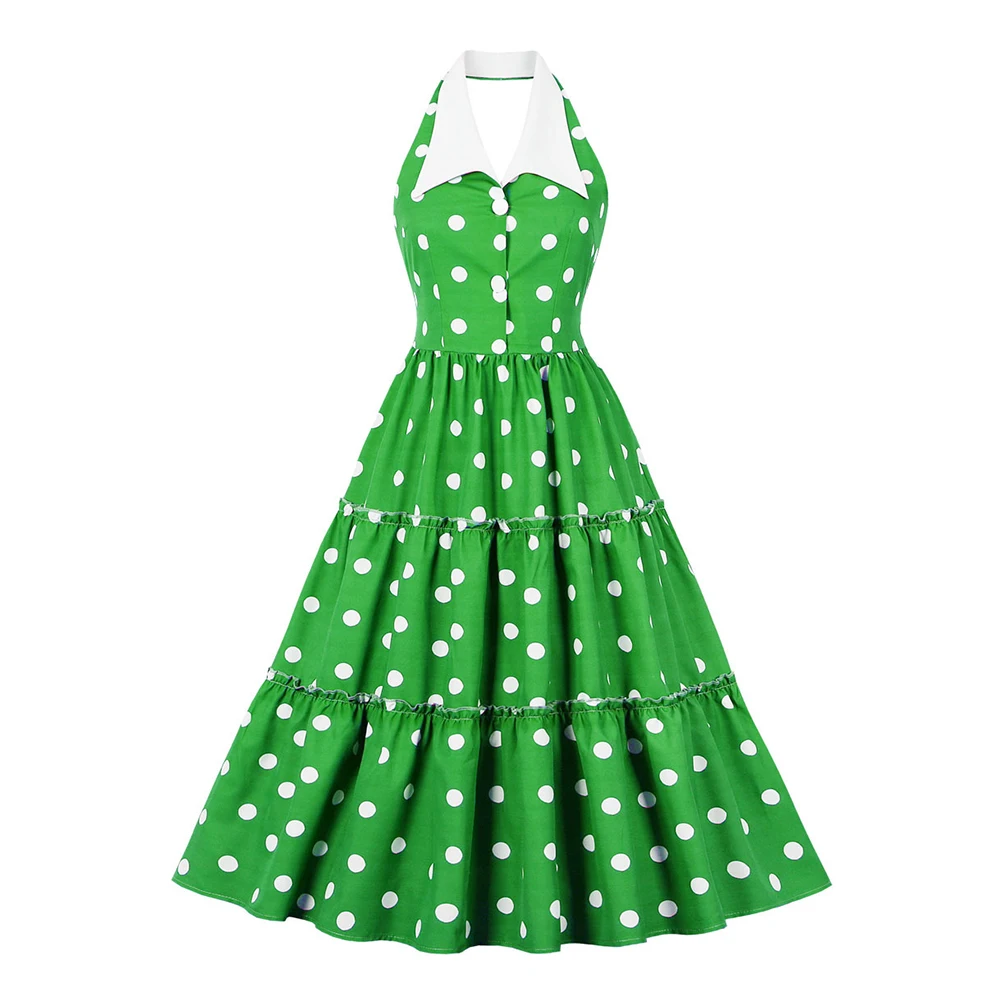 הנשים החדש וינטג ' מנוקדת קו שמלות 2023 קיץ ירוק הלטר הצוואר כפתור למעלה גבוהה מותן קפלים שמלה לנשים VD3907