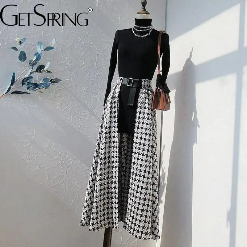 GetSpring נשים חצאית סטים 2023 אביב סתיו צווארון שחור ארוך סוודר צבעוני גדול להניף חתיכה אחת החצאית שתי חתיכות סטים