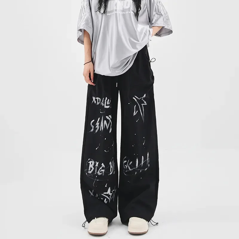 2023-יד חדש-צייר גרפיטי Y2k מכנסיים רחבים לנשים גבוהה אופנת רחוב בציר דק מכנסי שרוך קמץ הרגל StreetPants