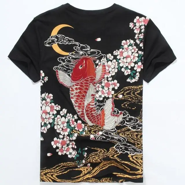 יפנית Ukiyoe סגנון יוניסקס חולצת רקמה קרפיון דגים באיכות גבוהה הקיץ אתני חולצה Tees אופנה לידה Clothings