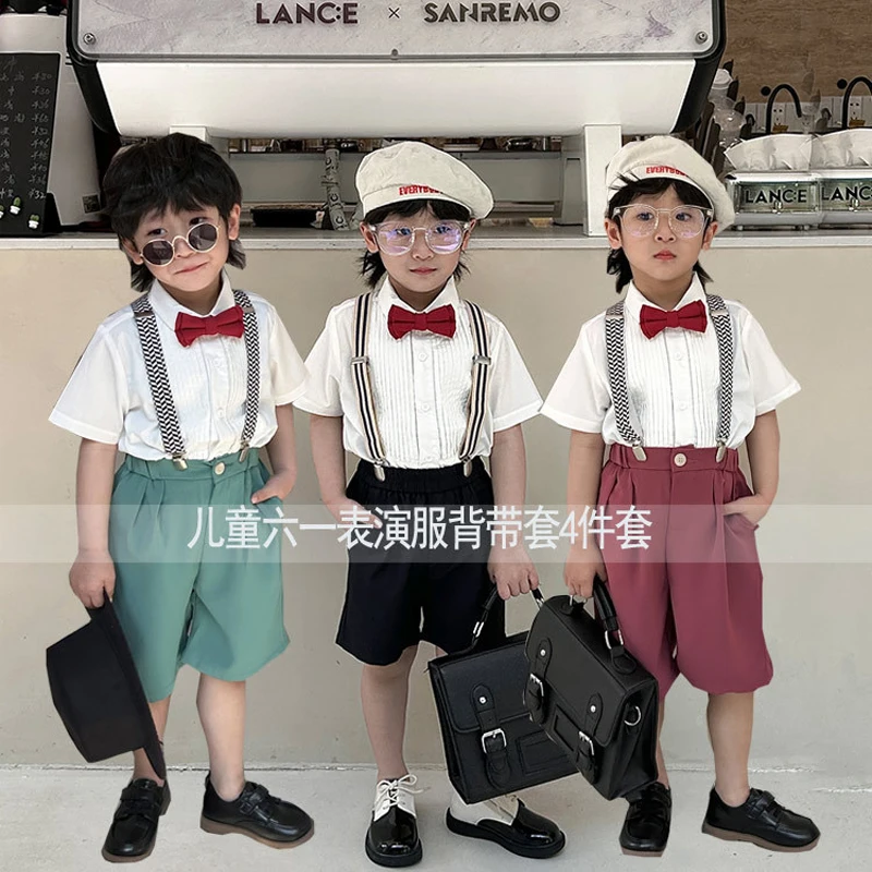 הבנים רצועת 4pcs החליפה סט קיץ חדש של ילדים פסנתר ביצועים החתונה מסיבת תחפושות קוריאנית ילדים חולצות רצועת קצרים עניבת הפרפר