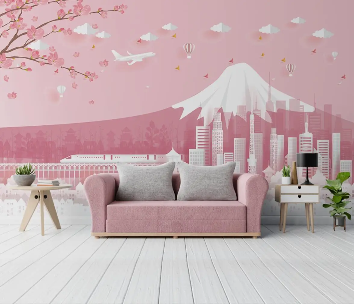 מותאם אישית נורדי קריקטורה יפן פוג ' י הר טפט עבור חדר ילדים ורוד טלוויזיה ברקע רקע קיר לעיצוב הבית קיר נייר