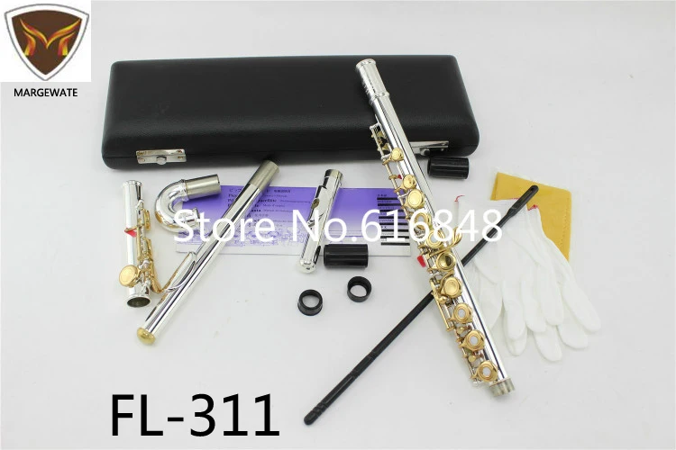 חדש FL-311 חליל קטן המרפק מעוקל הראש 16 / 17 חורי מפתח פתוח סגור C חליל גוף כסף זהב מפתחות כלי flauta