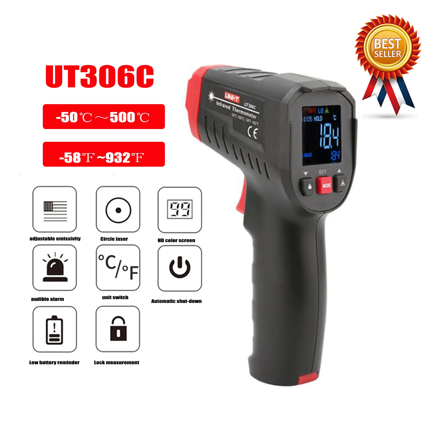 יחידת UT306S / UT306C דיגיטלי מדחום ללא מגע תעשייתי לייזר אינפרא אדום טמפרטורה מד טמפרטורה האקדח הבוחן,חדש.