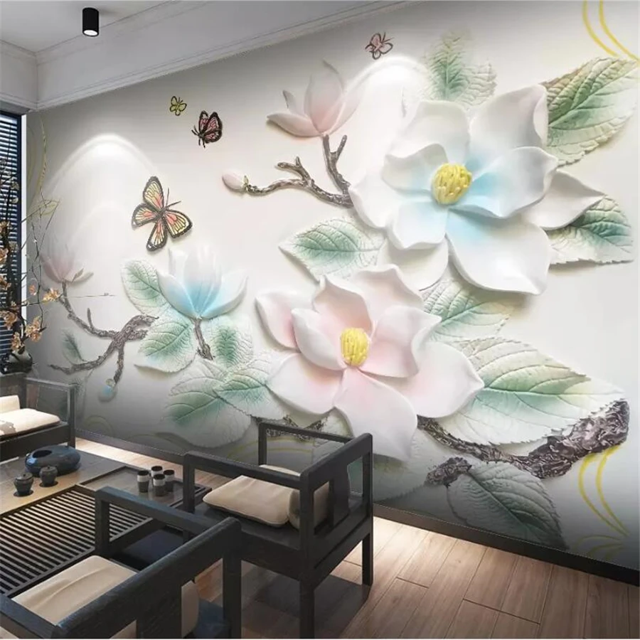 beibehang אישית טפט יוקרה 3d עם תבליט פרחים פרפר שלושה חדשים סיני רקע קיר נייר 3d המסמכים דה parede