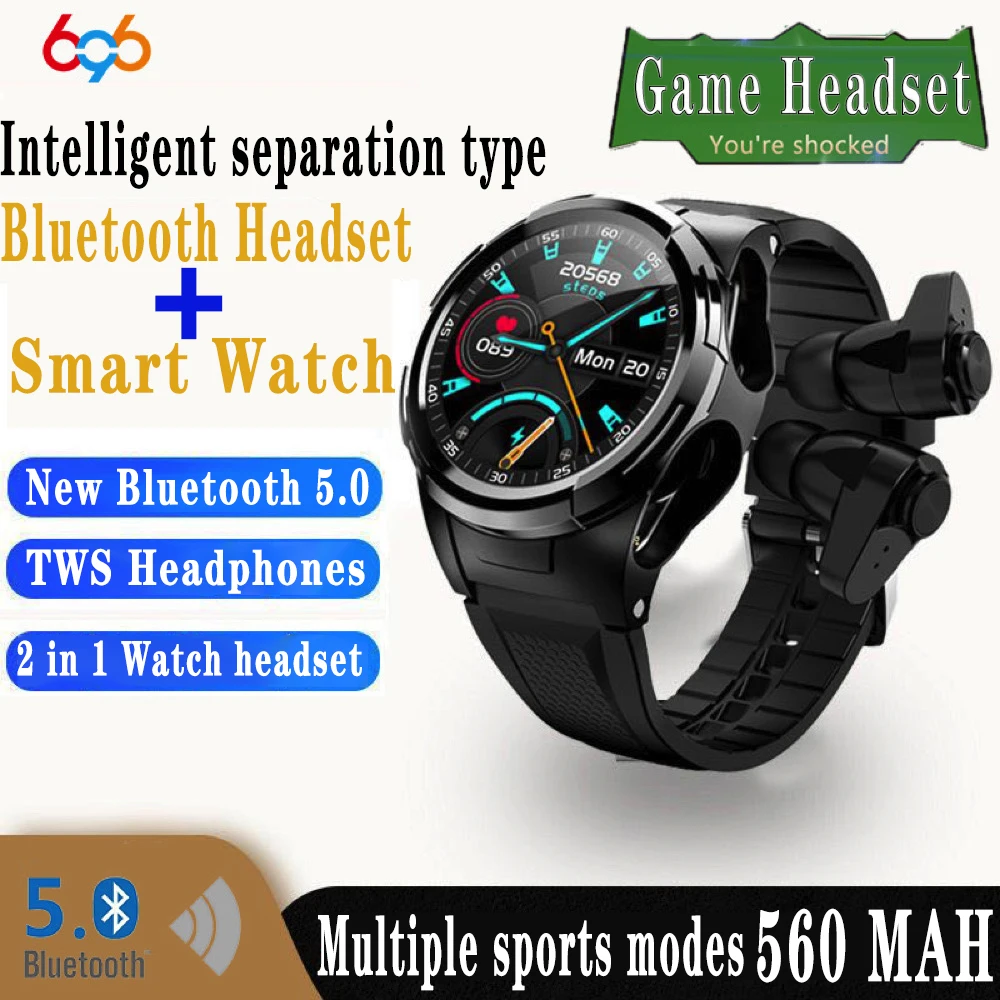 2 ב 1 TWS המשחק אוזניות איכות צליל שעון חכם גברים השן הכחולה אוזניות Heartrate ספורט Smartwatch 180 מעלות חיוג סיבוב
