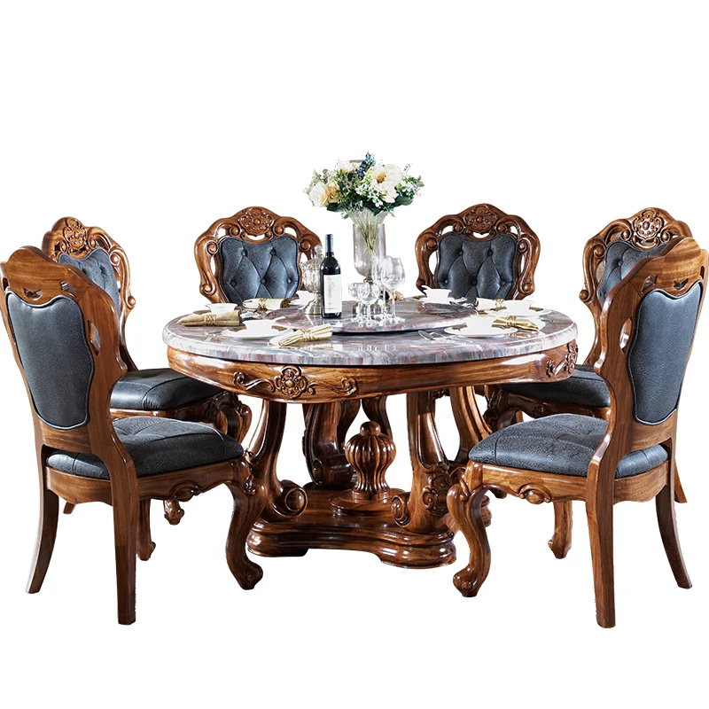 השיש עם הפטיפון משק הבית Ugyen עץ גדול עגול שולחן אוכל עם שישה כסאות בשילוב וילה רהיטים