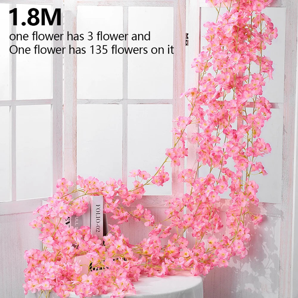 פרחים מלאכותיים הדובדבן פריחת הגפן 135 ראש הפרח סאקורה תלוי זר קש פרחים מלאכותיים הביתה חתונה קישוט