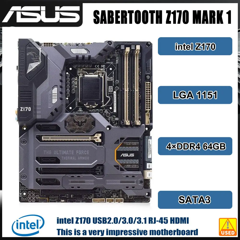 1151 לוח אם ASUS SABERTOOTH Z170 סימן 1 מידע Z170 DDR4 לוח האם 64GB SATA3 M. 2 USB3.1 PCI-E 3.0, HDMI ATX