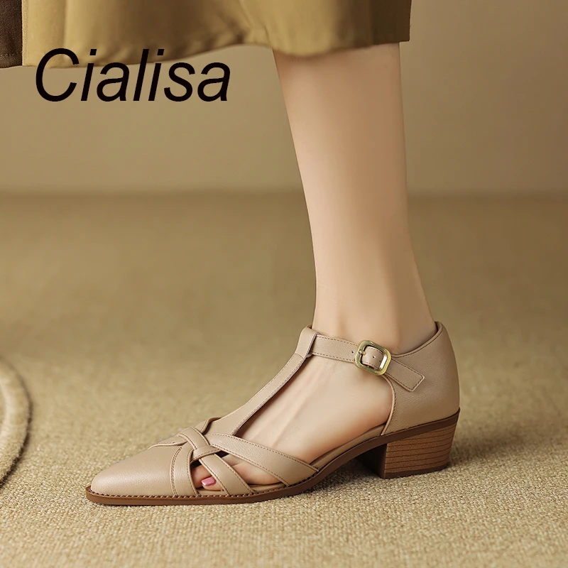 Cialisa מחודד בוהן נשים נעלי קיץ מזדמנים עור אמיתי בסגנון רומא סנדלים אבזם רצועה Daliy באמצע עקבים גבירותיי נעליים 41