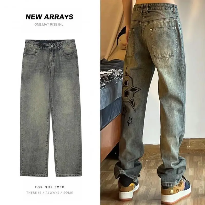 אנשים עם רקמת ג ' ינס ישר קצוות מכנסיים רחבות אביב סתיו חדש קוריאני אופנה רחוב היפ הופ סגנון זכר את המכנסיים.