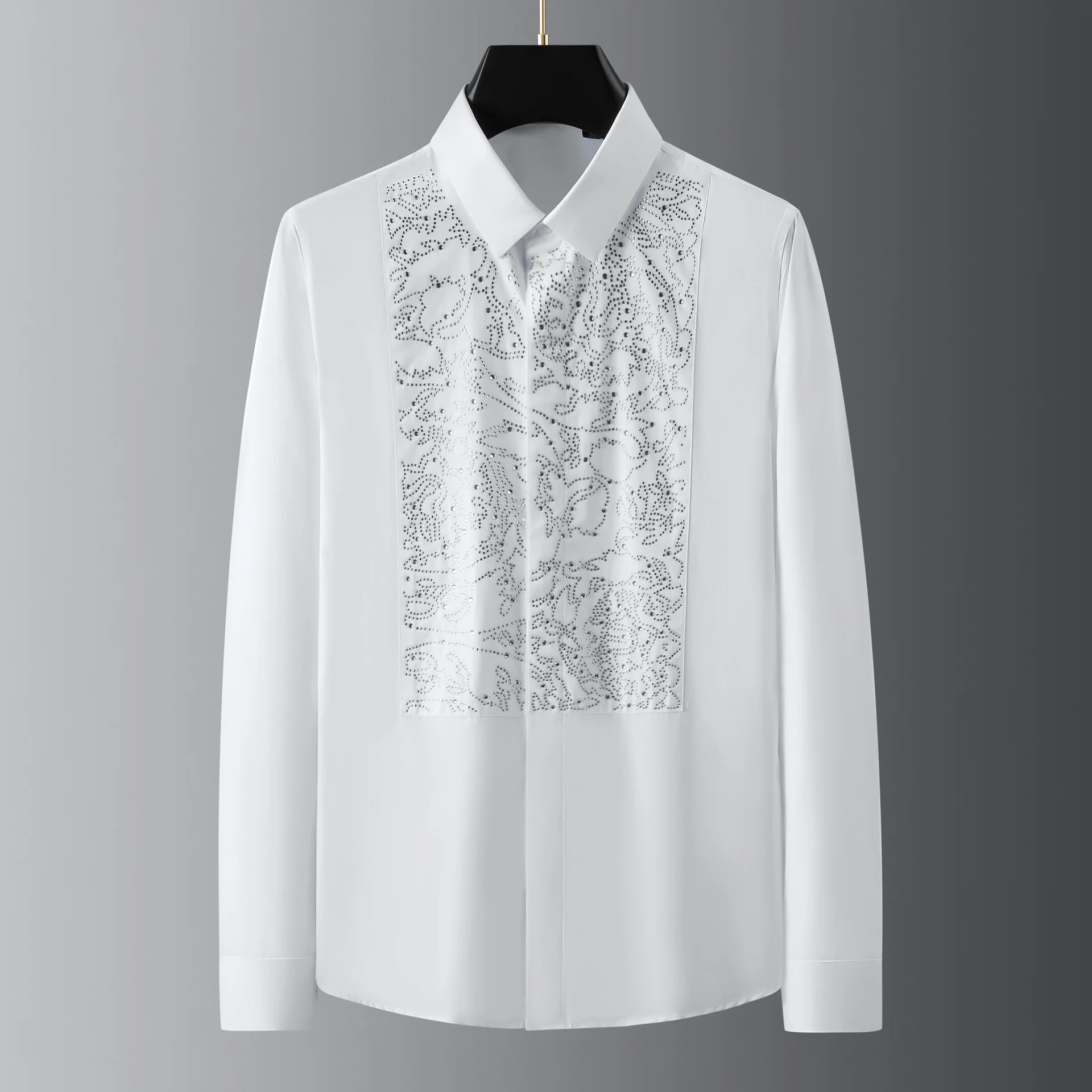 יוקרה יהלומים מלאכותיים לבנים חולצות גברים שרוול ארוך דק חולצות מקרית חברתית מסיבה טוקסידו אירועים הבמה כוכב Camisa Masculina 2023
