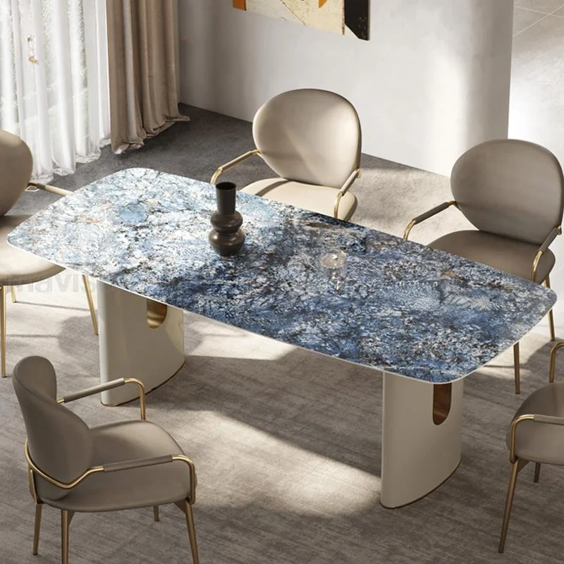 איטלקי מלבן שולחן אוכל כחול עם מרקם אבן פאנל שולחן יציב שולחן מסגרת עגולה פינה יוקרה חדר האוכל ערכות