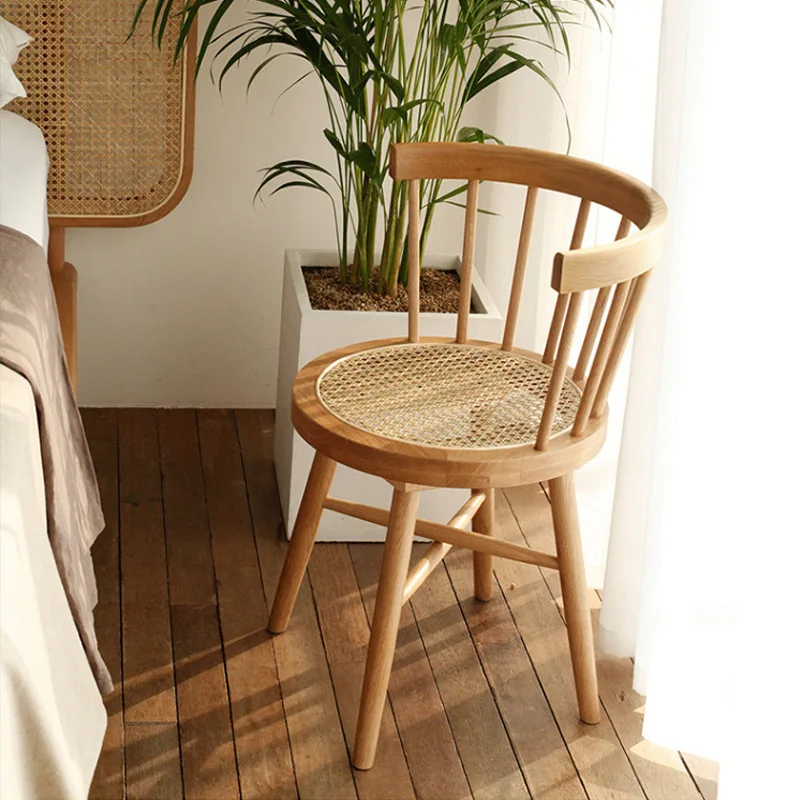 Joylove יפני מעץ מלא קש ארוג וינדזור האוכל הכיסא הביתה רטרו מזדמן משענת הכיסא פשוט השינה כיסא איפור